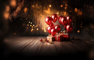 Poster - A wooden tabletop with a few red gift boxes, adorned with gold ribbon. Red balloons float above and golden lights shimmer in the background.