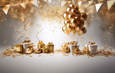 Aufkleber - Gold gift boxes and balloons with confetti and ribbons on a white background.