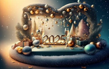 Poster - A festive New Year's scene with golden ornaments, champagne flutes, and a large 2025 display surrounded by sparkling snow.