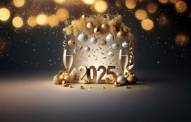 Poster - Golden 2025 with champagne flutes, ornaments, and confetti against a sparkly background.