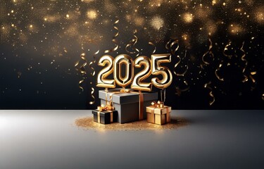 Poster - Gold balloon numbers 2025 hover above two gift boxes with golden ribbon on a black background with golden confetti.