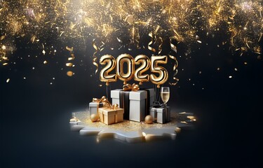 Poster - Golden balloons spelling out 2025 float above gifts, confetti, and a glass of champagne against a dark background.