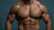 © Kasper - Muscular man showing defined chest and abs on a blue background.