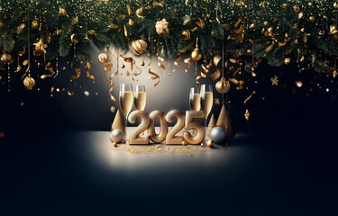 Poster - Golden 2025 with champagne flutes and Christmas ornaments