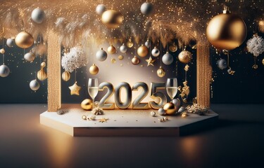 Poster - Golden and silver baubles hang from a glittering canopy above a platform with a golden 2025 and champagne flutes.