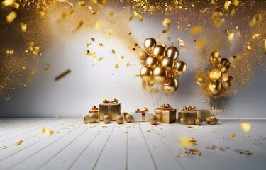 Poster - Golden balloons, gifts, and confetti falling on a white wooden floor.