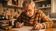 © ORG - A senior man solving a crossword puzzle at his kitchen table, focusing intently, showcasing the cognitive benefits of puzzles for maintaining mental sharpness