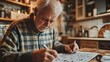 © ORG - A senior man solving a crossword puzzle at his kitchen table, focusing intently, showcasing the cognitive benefits of puzzles for maintaining mental sharpness