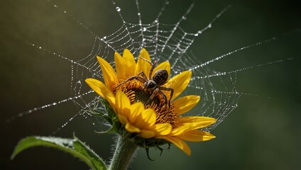 Wall Mural - Nature's intricate weaver - spider creating a web on sunflower petals.