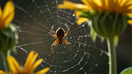 Wall Mural - Nature's intricate weaver - spider creating a web on sunflower petals.