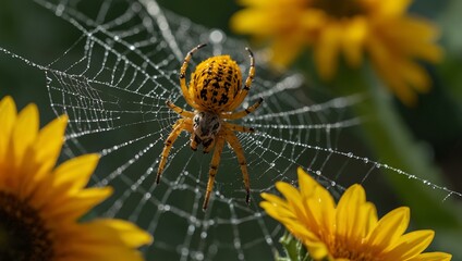 nature's intricate weaver - spider creating a web on sunflower petals.