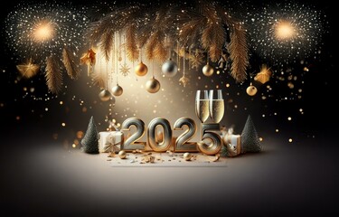 Poster - Golden 2025 New Year celebration with champagne flutes, pine branches, and fireworks.