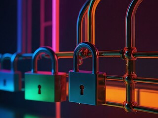 Wall Mural - Neon padlocks on a vibrant backdrop symbolizing data security.