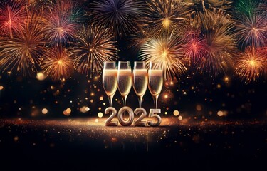 Golden 2025 on a glittery surface, champagne flutes in front of colorful fireworks exploding in the night sky.