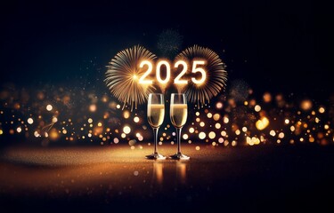 Two champagne flutes stand on a sparkling surface with the number 2025 lit by fireworks above them.