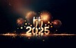 © YiuCheung - Golden '2025' with champagne flutes and fireworks in a celebratory new year scene.