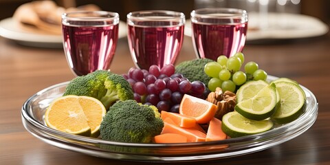 A vibrant assortment of fresh fruits and vegetables arranged on a clear glass plate, accompanied by three glasses of wine, showcasing a tempting and healthy spread for a delightful gathering.