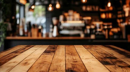 Poster - Rustic Wooden Table Top with Blurred Cafe Background