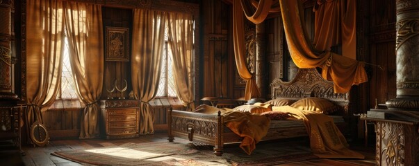 High-status medieval prince's quarters with a carved wooden bed and silk drapes, 4K hyperrealistic photo