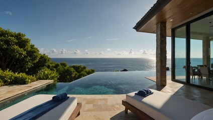 Wall Mural - Oceanfront villa with infinity pool and lounge chairs, offering breathtaking ocean views.