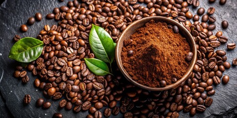 Poster - Coffee beans and ground coffee in a rustic bowl.