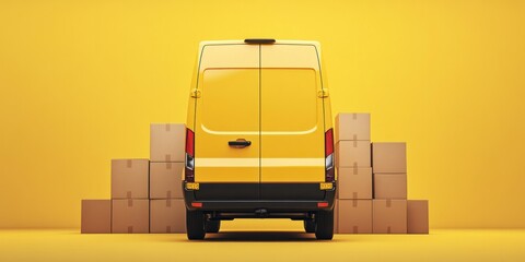  espress delivery concept. Rear view of yellow delivery van with cardboard boxes on yellow background.