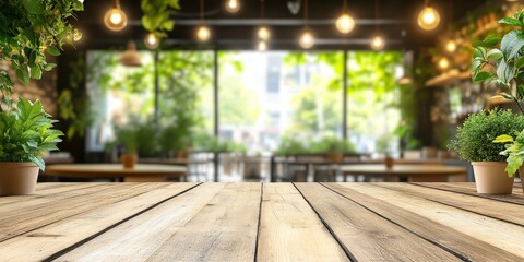 Sticker - Empty Wooden Table in Blurred Cafe Background