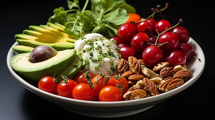 A vibrant bowl filled with sliced avocado, cherry tomatoes, red cherries, pecans, and creamy whipped topping with a sprinkle of fresh herbs, a healthy and delicious snack for any occasion.