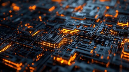 Poster - A close-up view of a digital circuit board with glowing orange lines on a dark background.