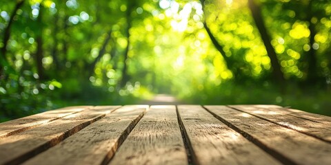 Sticker - Blurred Green Bokeh Over Wooden Table Top in Nature