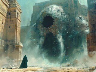 Canvas Print - A Giant Creature Looms Over Ancient Ruins