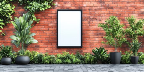 Canvas Print - Modern Outdoor Space with Blank Frame on Brick Wall