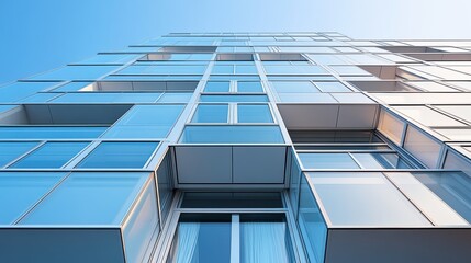 Low-angle view of a modern glass apartment building featuring a geometric facade with protruding windows and balconies, showcasing sleek contemporary design.
