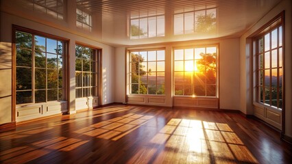 Poster - Sunlit room with large windows and wooden floors.