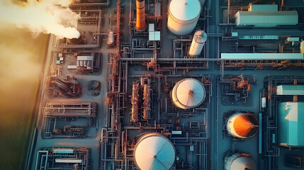 Wall Mural - Oil refinery plant from industry zone, Aerial view.