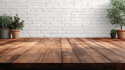 Poster - Empty Wooden Table Top with White Brick Background