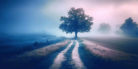 Poster - A tree is in the middle of a field with foggy skies
