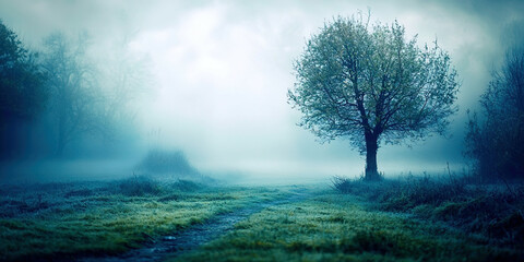 Poster - A tree stands in a field of grass with fog in the background