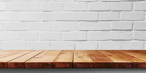 Poster - Empty Wooden Table Against White Brick Wall Background