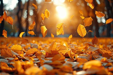 Wall Mural - Beautiful autumn landscape with yellow trees and sun. Colorful foliage in the park. Falling leaves natural background