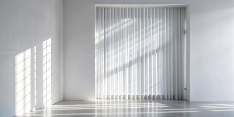 Poster - Sunlight casting shadows through vertical blinds in a bright room.