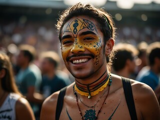 Wall Mural - A festival-goer adorned with vibrant face paint enjoys the lively atmosphere of a crowded stadium.