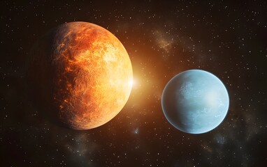 Wall Mural - fiery exoplanet and icy planet in deep space