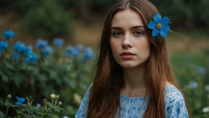 Wall Mural - A woman with long hair and a blue flower.