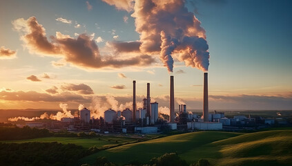 Poster - Industrial complex with smoking chimneys at sunset on green land