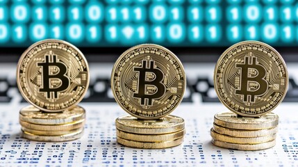 Poster - Bitcoin Coins Stacked on Digital Background