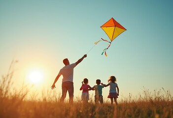 father flying a kite with children in the field on sunlight sky