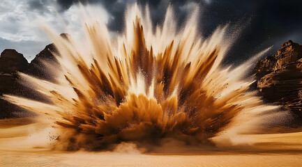 Wall Mural - explosion of sand resembling a powerful volcanic eruption in desert.