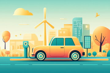 Electric car charging in a modern city with green energy sources visible, such as wind turbines and solar grids