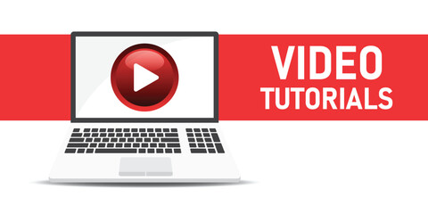 Poster - Play video tutorials icon in flat style. Education software vector illustration on isolated background. Webinar training sign business concept.